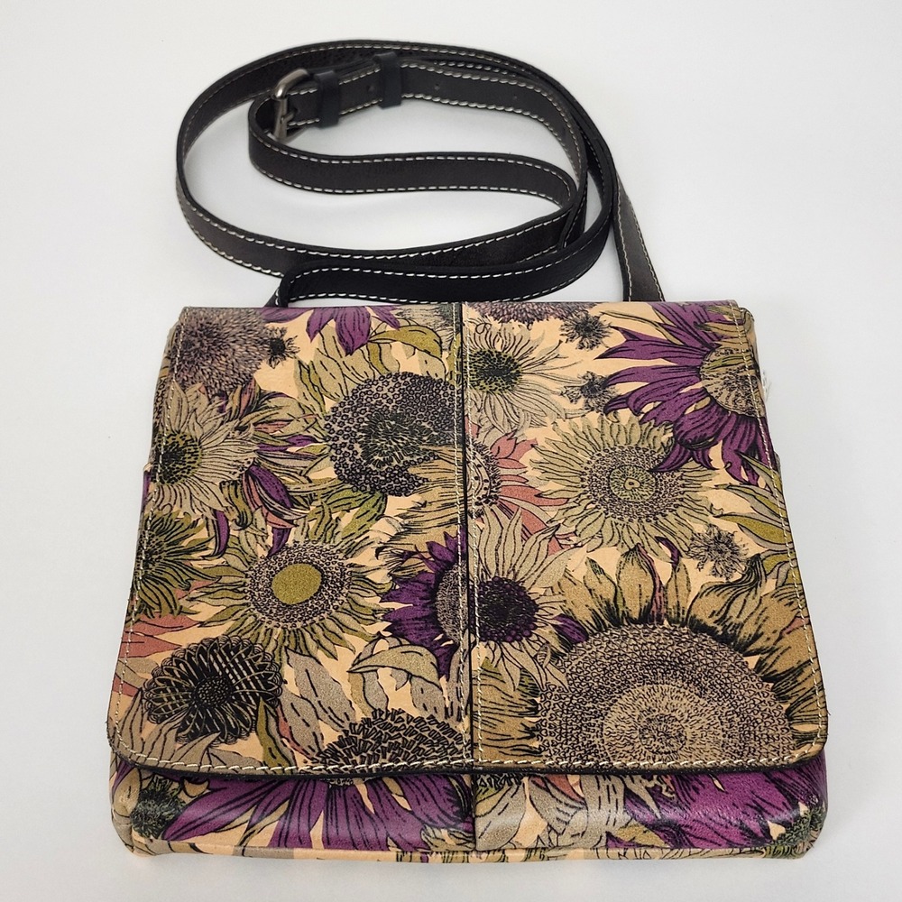 Patricia Nash Purple Sunflower Avellino Leather Crossbody Flap Bag Rare - Picture 2 of 9